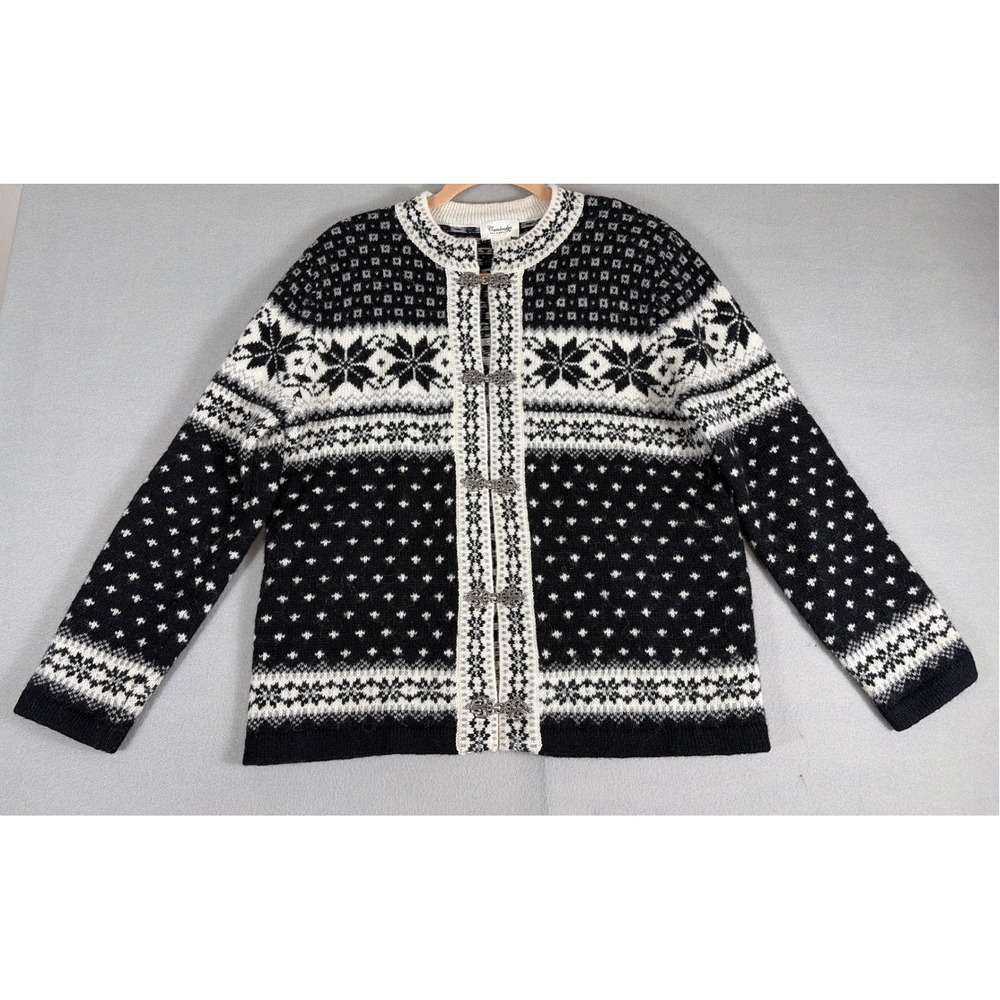 Cambridge Dry Goods Nordic Wool Cardigan Sweater‎ Black White Fair Isle Clasps S